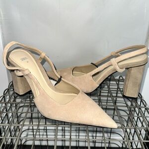 Zara Nude Suede Pointed Slingback Block Heels